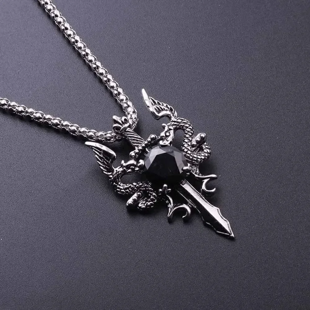 STAINLESS STEEL BLACK DIAMOND TWIN DRAGON CROSS SWORD NECKLACE